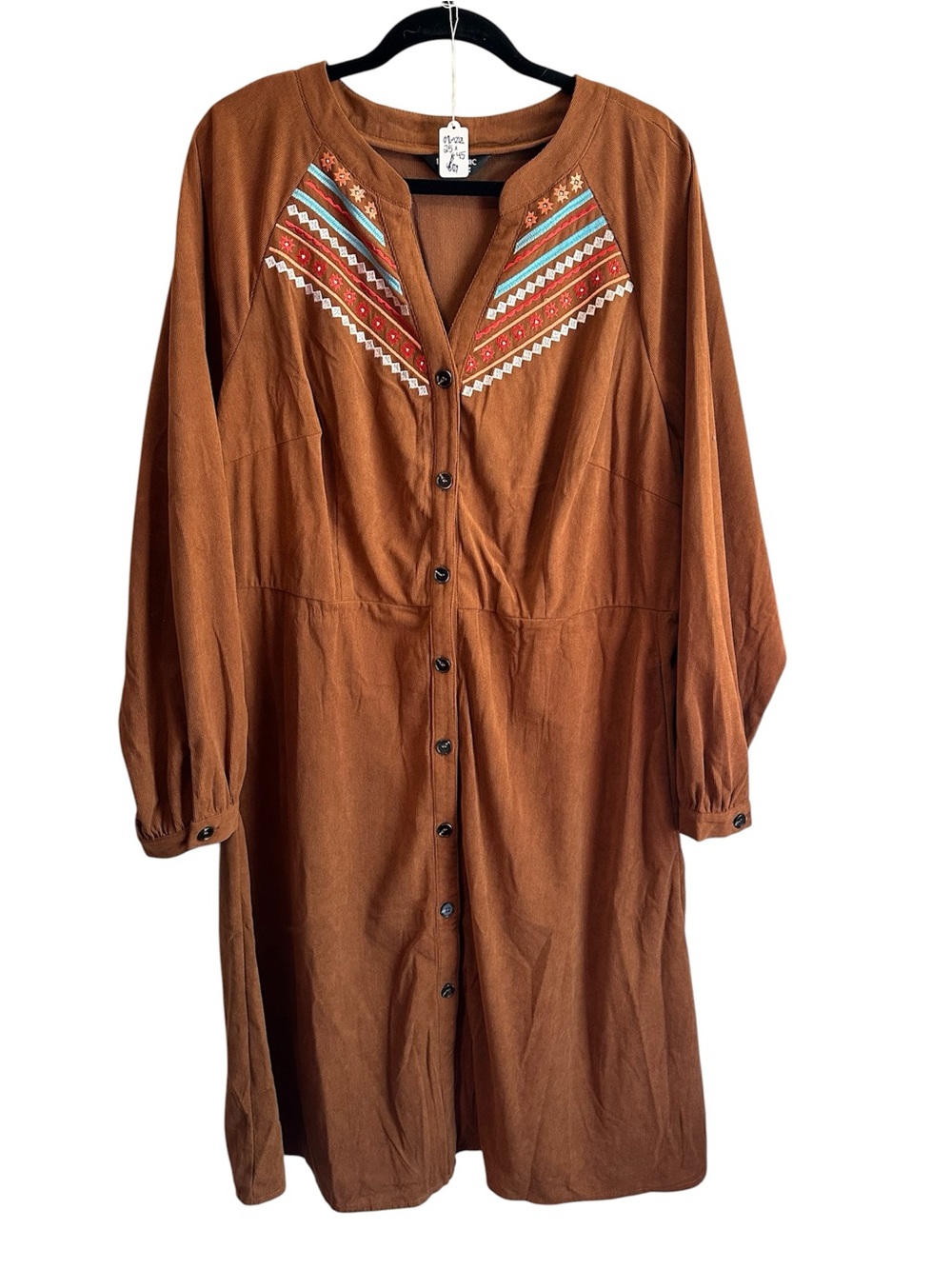 Bohemian Western Rust Brown Button-Front Embroidered Long Sleeve Dress